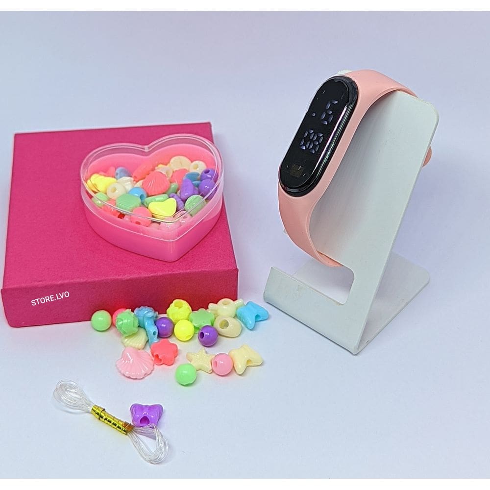 Relógio Infantil Digital led para Menina Prova água Tipo Band + Kit miçangas Coloridas para Montar Colar Pulseiras Moda