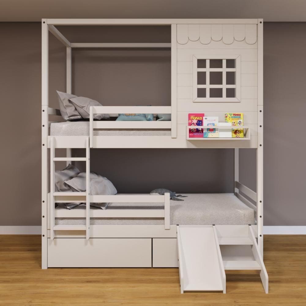 Beliche Casinha Reta Com 02 Gavetas Escorregador E Grade Removível Madeira Maciça Branco Housin