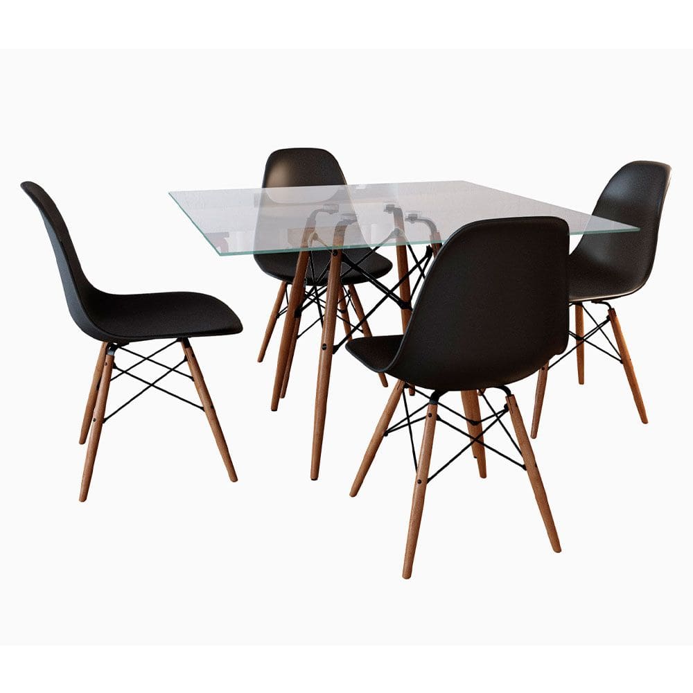Jogo de Mesa Eames Tampo Quadrado Vidro 90cm 4 Cadeiras Pretas