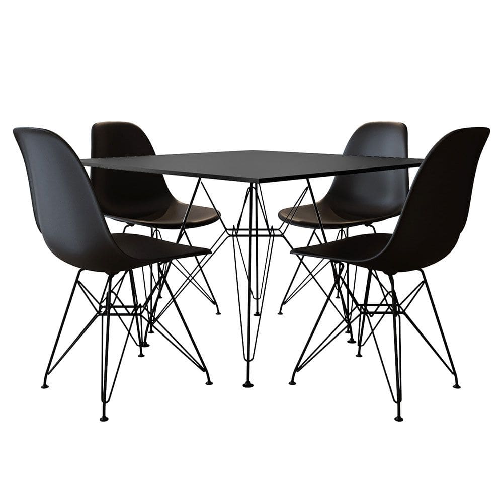 Jogo de Mesa Eames de Ferro Preto e Tampo Quadrado Preto 90cm 4 Cadeiras Pretas