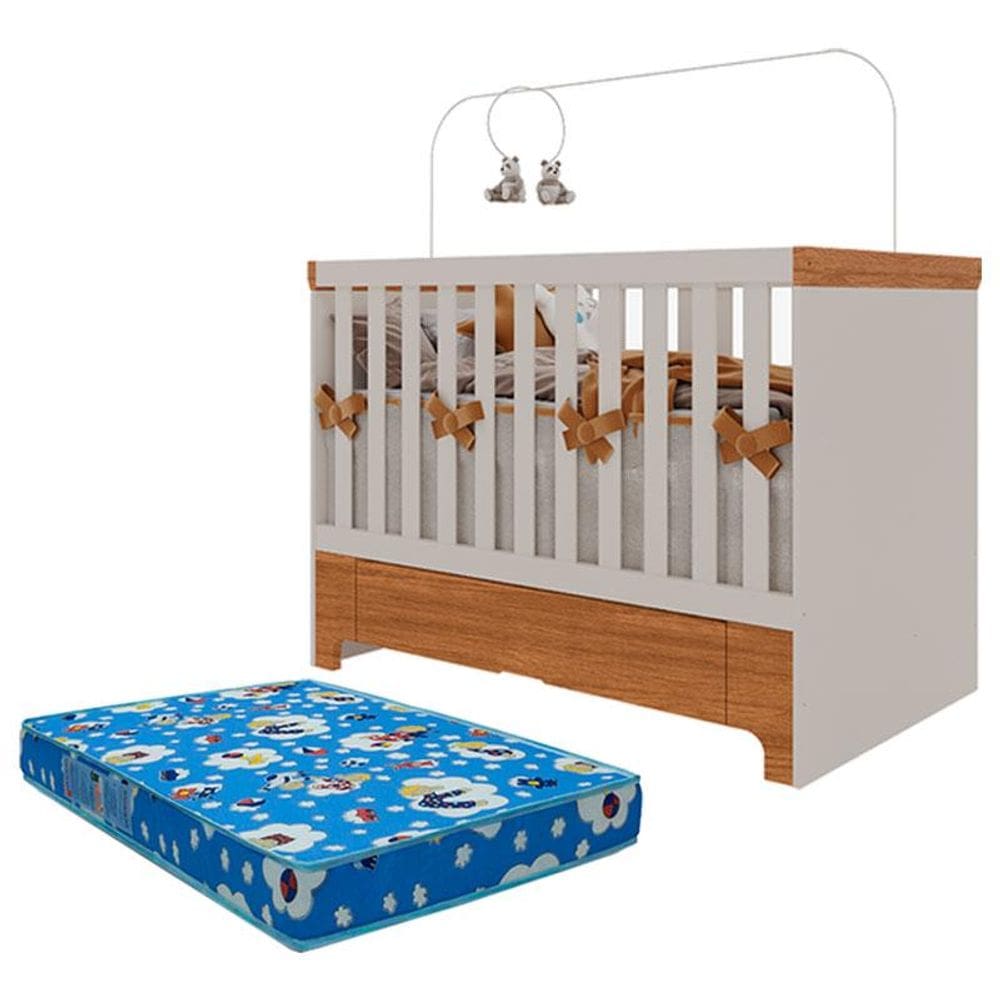Berço Americano Mini Cama com Gaveta Antonella Off White Caramelo e Colchão Ortobom – Canaã