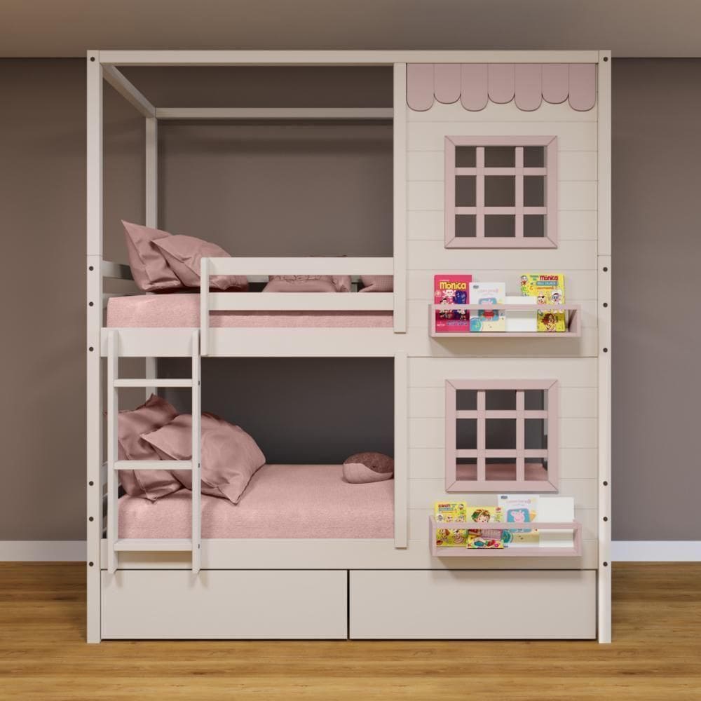 Beliche Casinha Reta Com 02 Janelas E 02 Gavetas Madeira Maciça Branco/ Rosa Housin