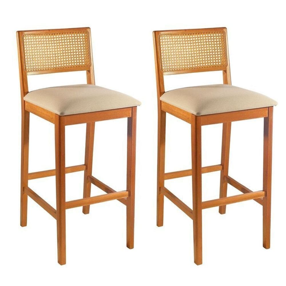 Kit 2 Banquetas Rattan com Pés em Madeira Maciça Ariel Cinamomo