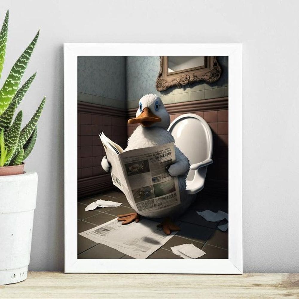 Quadro Pato No Banheiro Lendo Jornal 45X34Cm