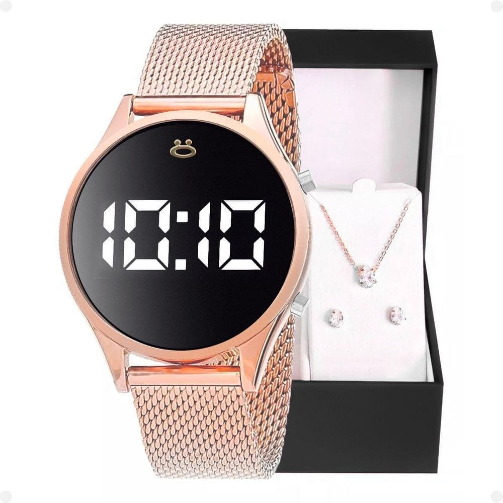 Relogio Feminino Aço Inox Led + Colar + Brincos + Caixa