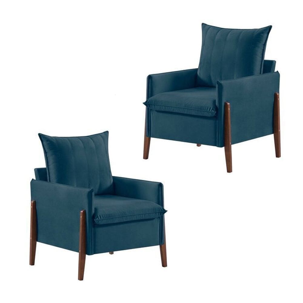 Kit 2 Poltronas em Veludo com Pés em Madeira Eucalipto Mm23 Azul Petróleo