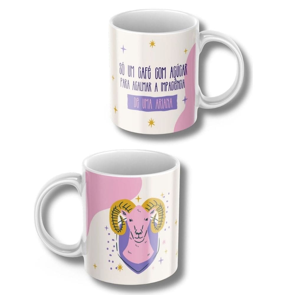 Caneca Xicara de Café ou Chá de Porcelana Personalizada Signos Aries Divertida Engraçada para Presente Criativo 325ml