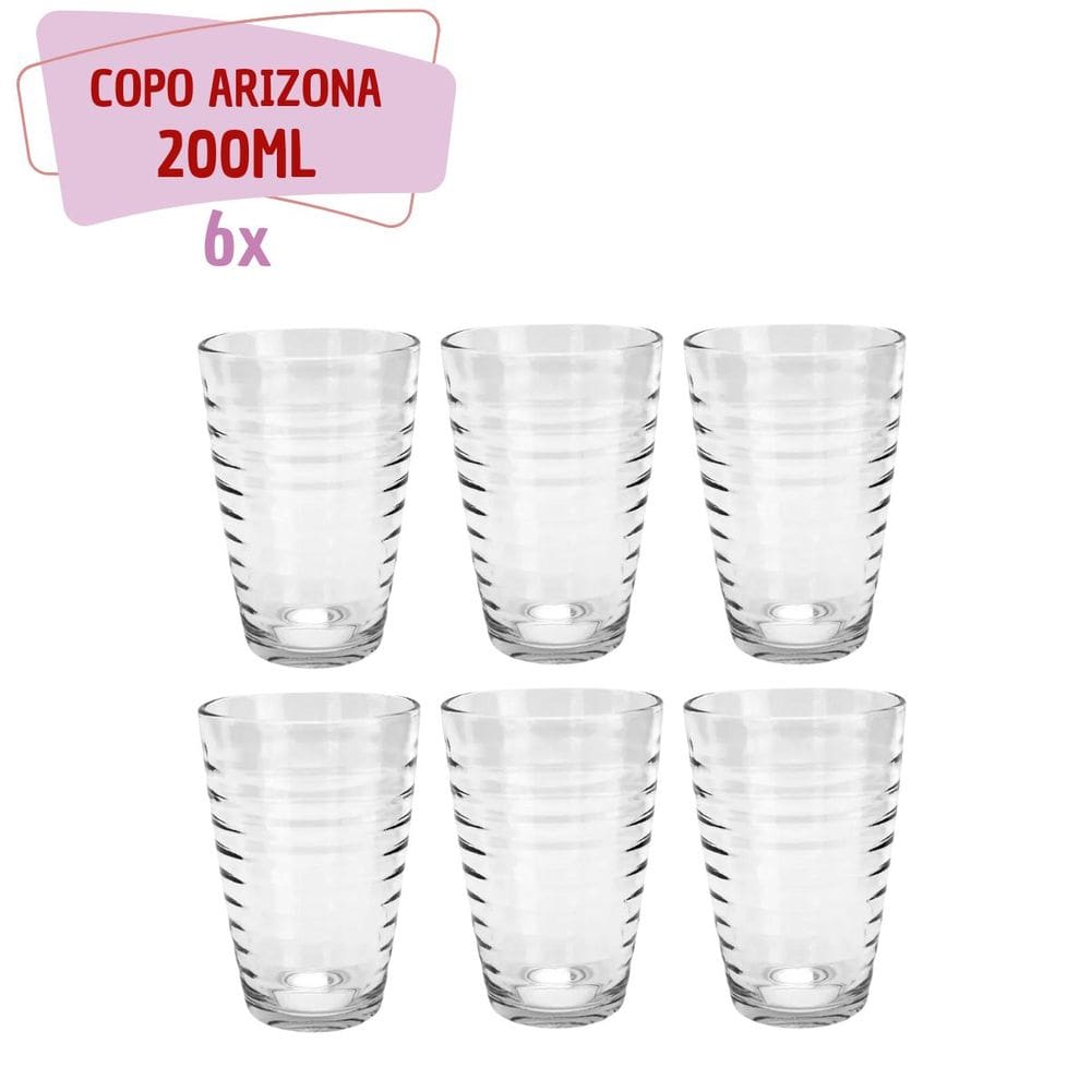 Kit 6 Copos de Vidro 200ML Transparente Luxo Arizona