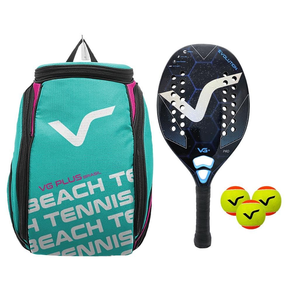 Kit com Raquete Beach Tennis Evolution Kevlar Carbon, 3 Bolas e 1 Mochila de Transporte Vg Plus Rosa