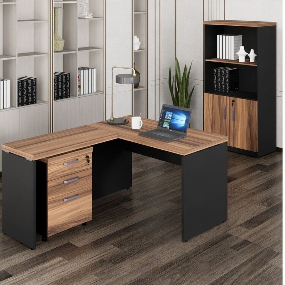 Mesa de Escritório em L com Gaveteiro e Armário Estante Espresso Móveis Marrom/Preto