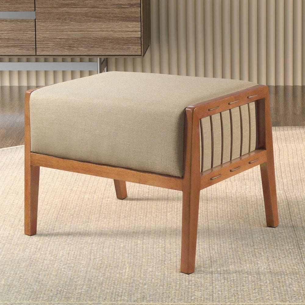 Puff Banqueta Madeira Maciça Gael Luxo Bege Claro