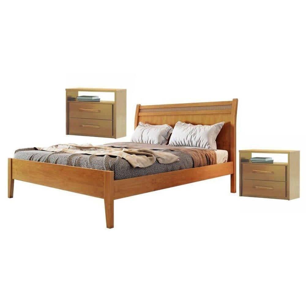 Conjunto Quarto de Casal Cama Casal 140cm Madeira Maciça Ratan e 2 Mesas de Cabeceira 2 Gavetas2 Amêndoa Mel
