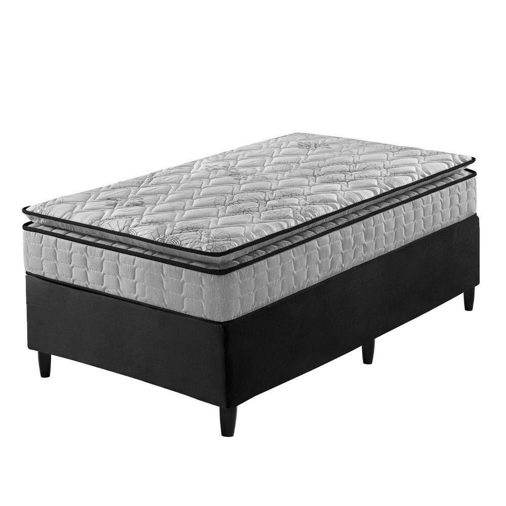 Cama Box Solteiro Preto + Colchão Ortopedico Espuma D33 Pillow Top Hanover One 88x188x59cm