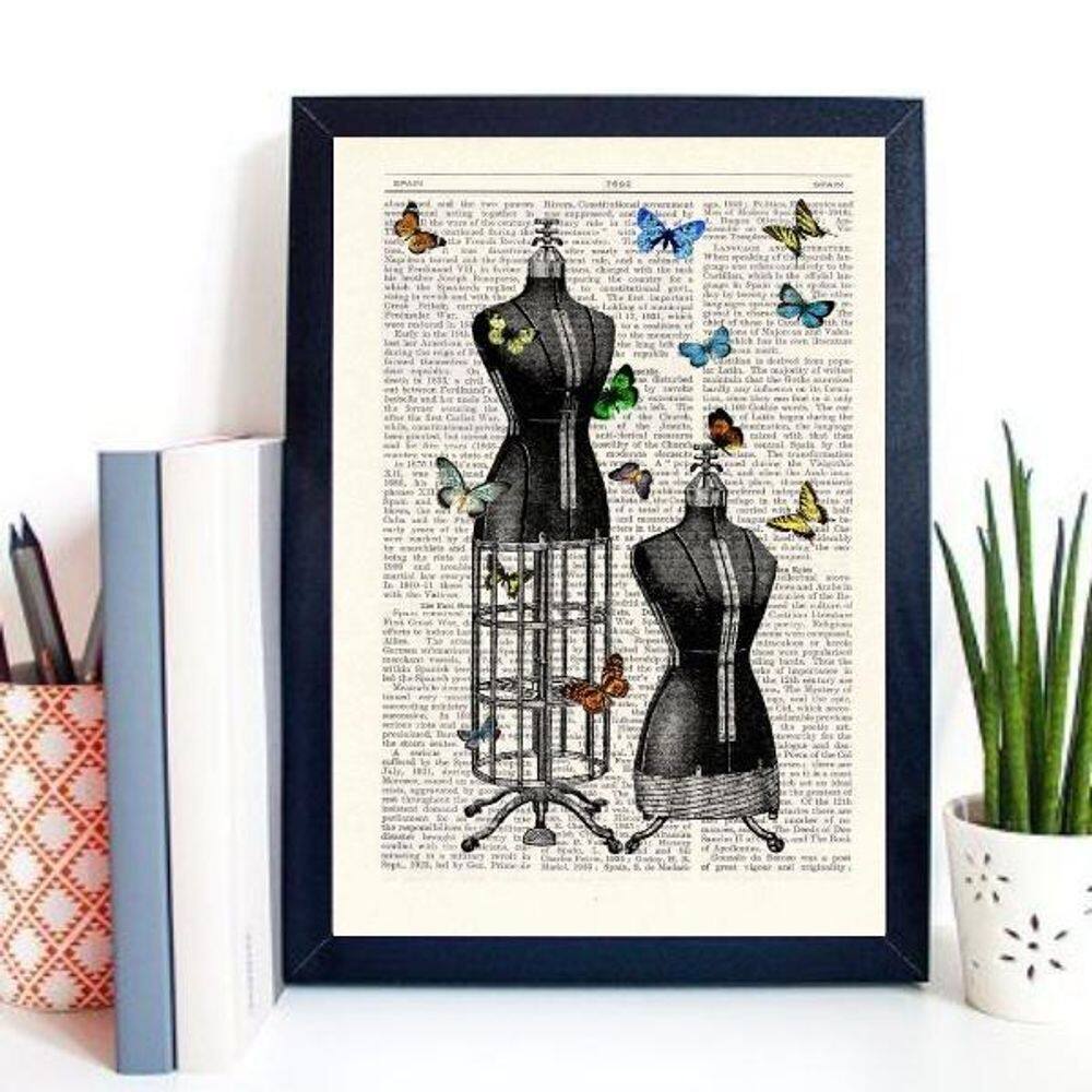 Quadro Vintage Manequins Costura Borboletas 33X24Cm