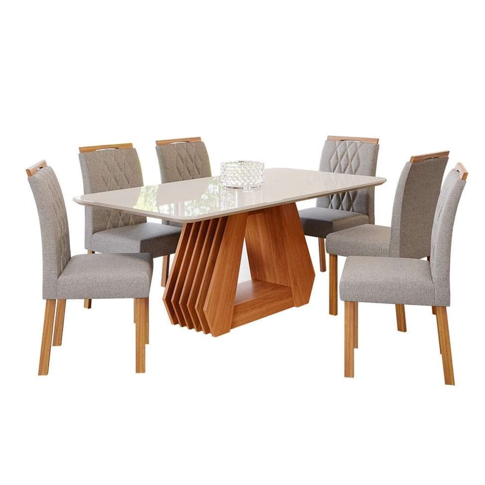 conjunto de mesa de jantar retangular com tampo de vidro off white Ágata e 6 cadeiras juliana linho grafite e cinamomo
