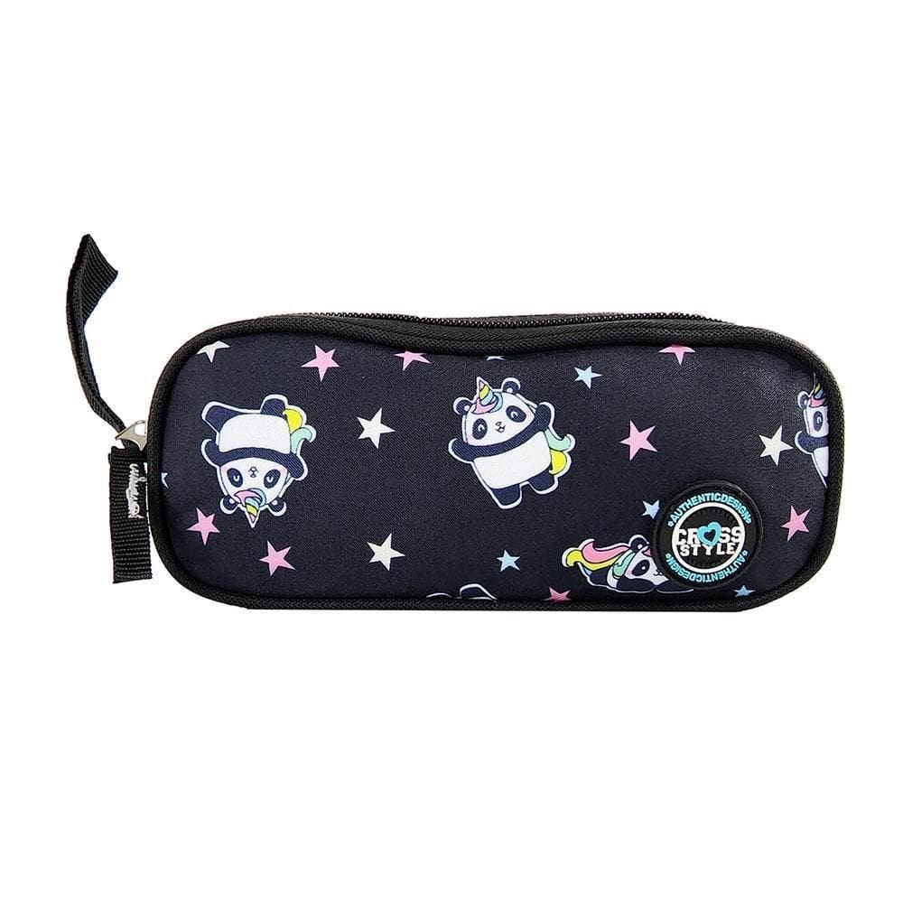 Estojo 2 Divisórias Cross Style Panda Unicórnio Preto Clio