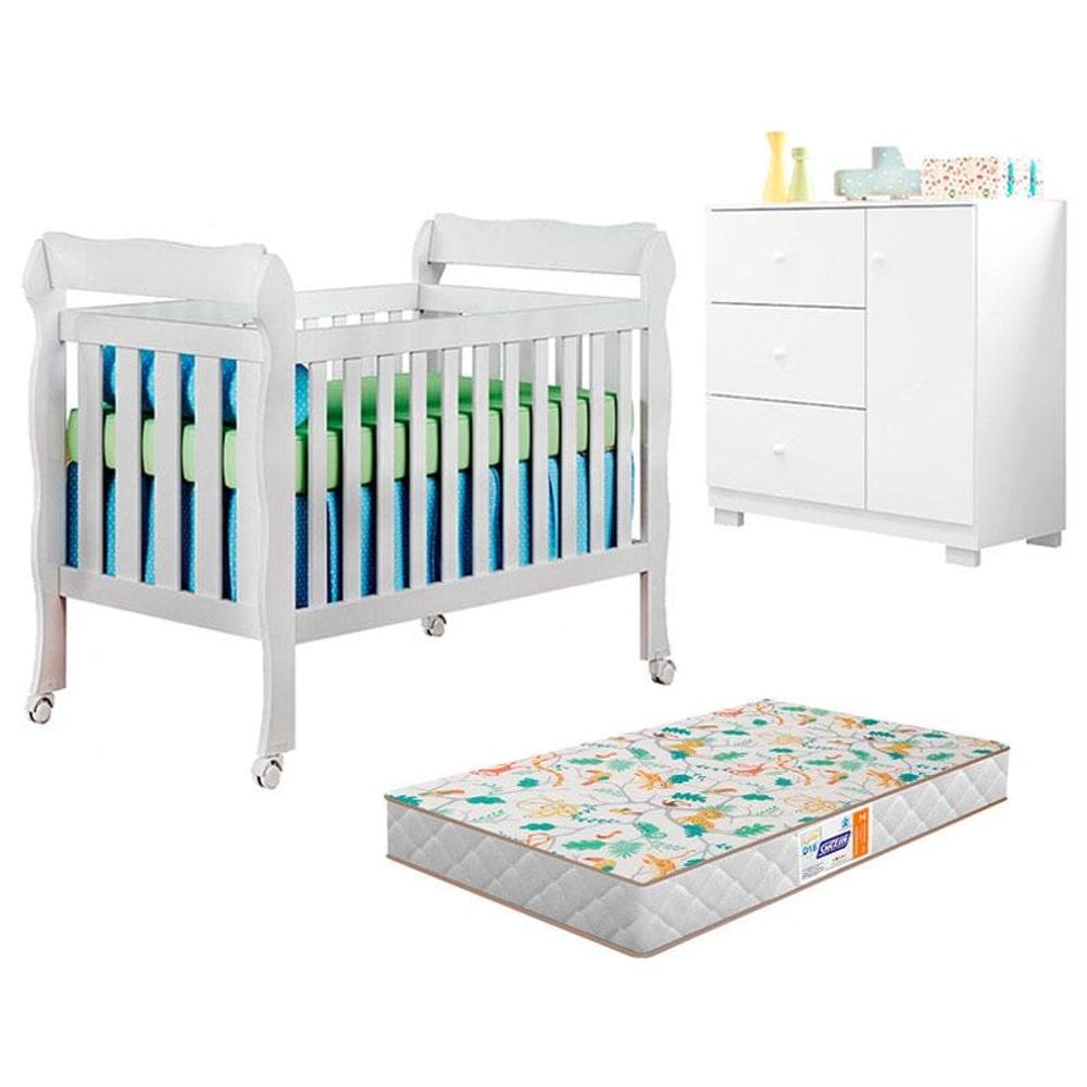 Berço Americano Lila e Cômoda Infantil Duda Branco Brilho com Colchão Gazin – Phoenix Baby