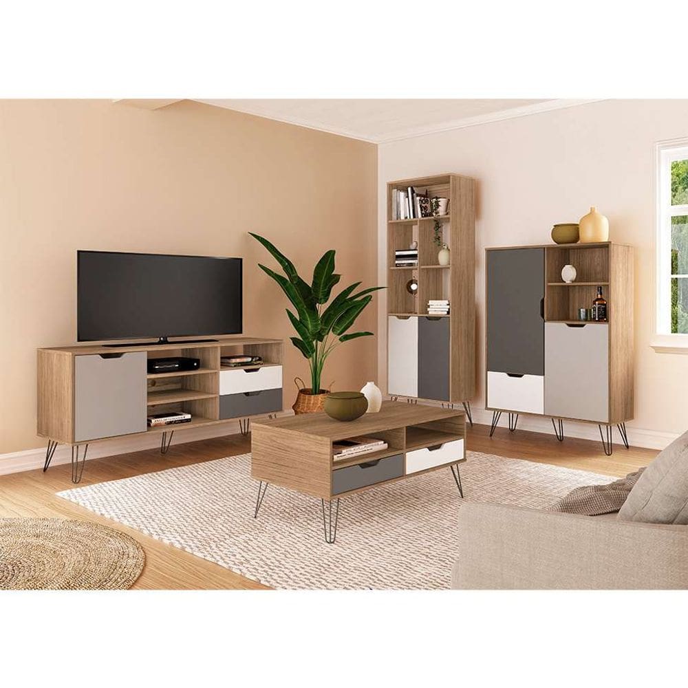 conjunto de sala de estar estocolmo com rack 1 pt 2 gv, adega 2 pt 1 gv, mesa de centro 2 gv e estante 2 pt carvalho e cinza