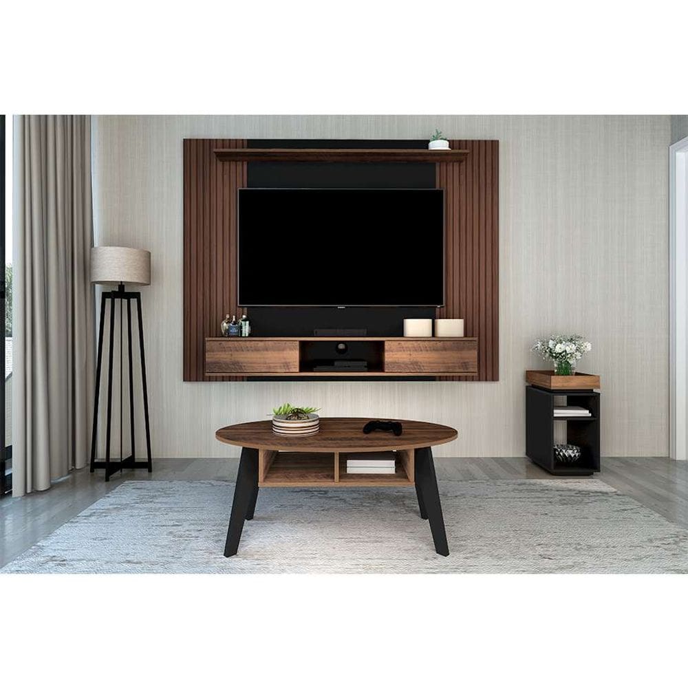 conjunto de sala de estar nevada com painel para tv até 75 polegadas, mesa lateral e mesa de centro amadeirado, preto e grafite
