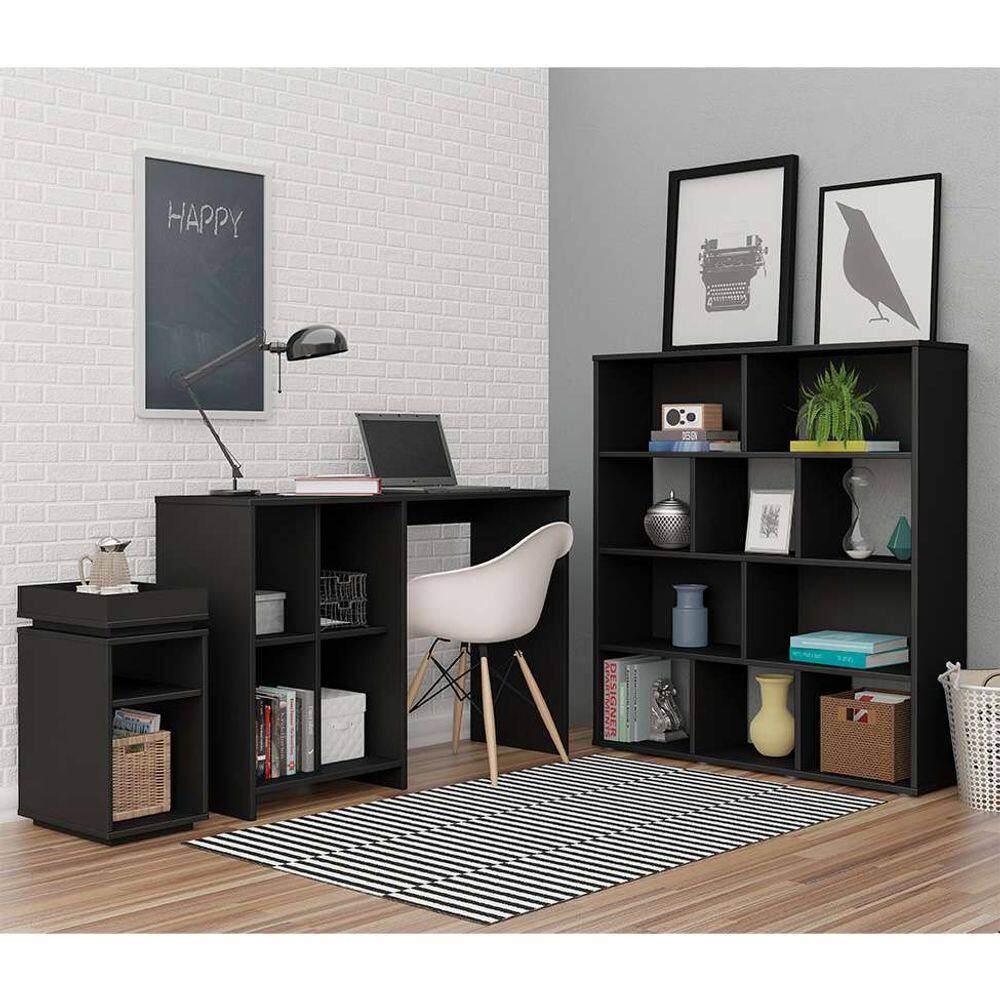 conjunto de mesa para notebook moon, estante grid e mesa lateral olívia preto