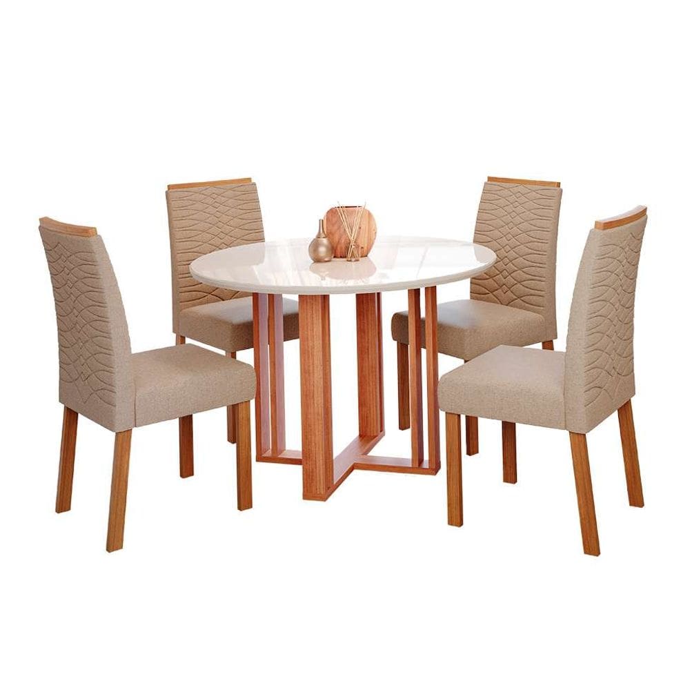 conjunto de mesa de jantar redonda com tampo de vidro off white flora e 4 cadeiras clarice linho bege e cinamomo