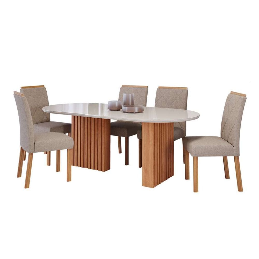 conjunto de mesa de jantar oval com tampo de vidro off white ester e 6 cadeiras fernanda linho bege e cinamomo