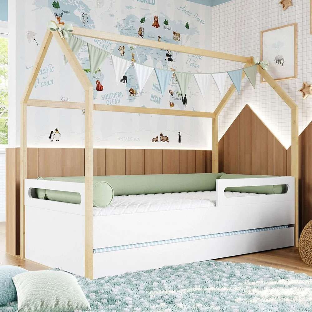 cama infantil montessoriana casinha tivoli com cama auxiliar branca e nature
