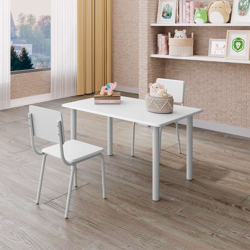 conjunto de mesa infantil retangular com tampo mdf e 2 cadeiras laura branco