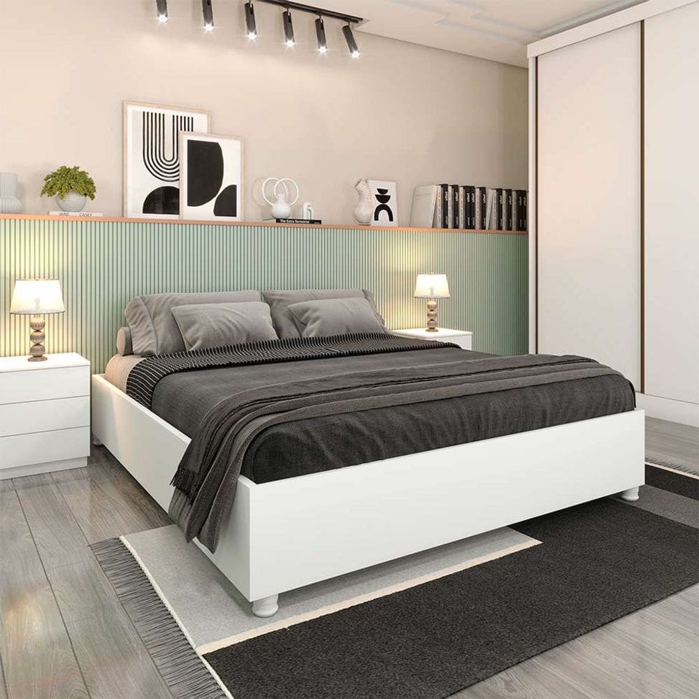 base para cama box casal mônaco com 2 mesas de cabeceira veronna 3 gv neve