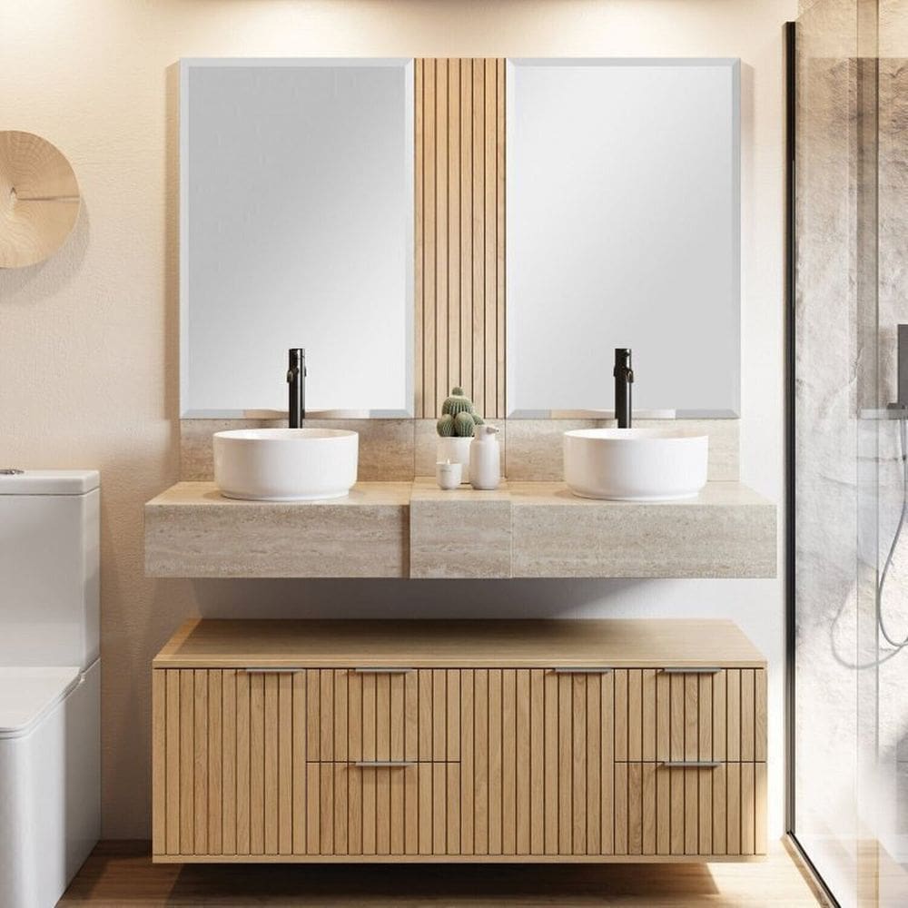 Conjunto para Banheiro Bancada em Porcelanato com Cuba de Apoio, Armário e Espelho Ripy 120cm Wood/Travertino