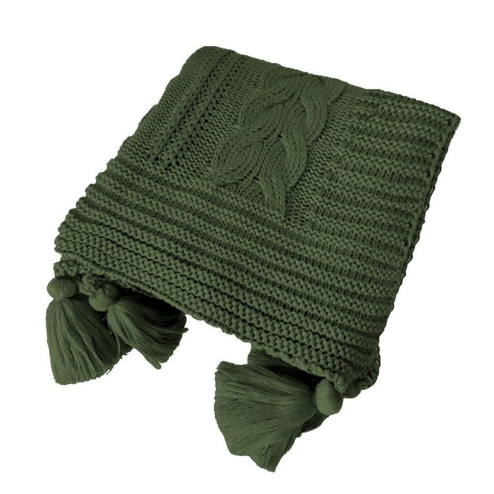Manta Peseira de Tricot 90x180 Cm com Tassel - Trançada Verde Militar