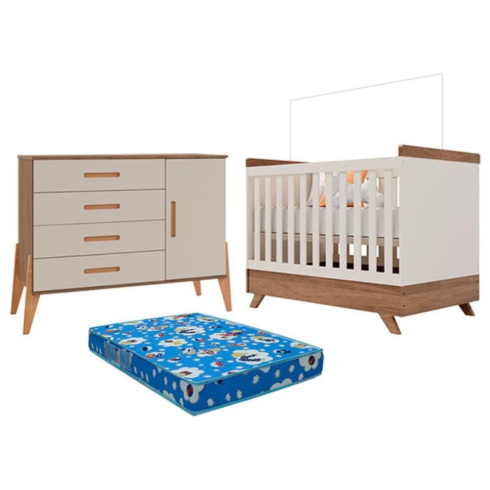 Berço Americano Retro Vitória e Cômoda Infantil com Porta Emilly Off White Carvalho com Colchão Ortobom - Canaã