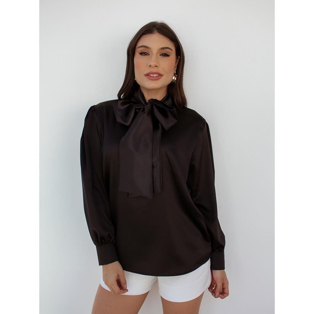 Camisa Feminina Cetim com Laço Grande Decote Manga Longa