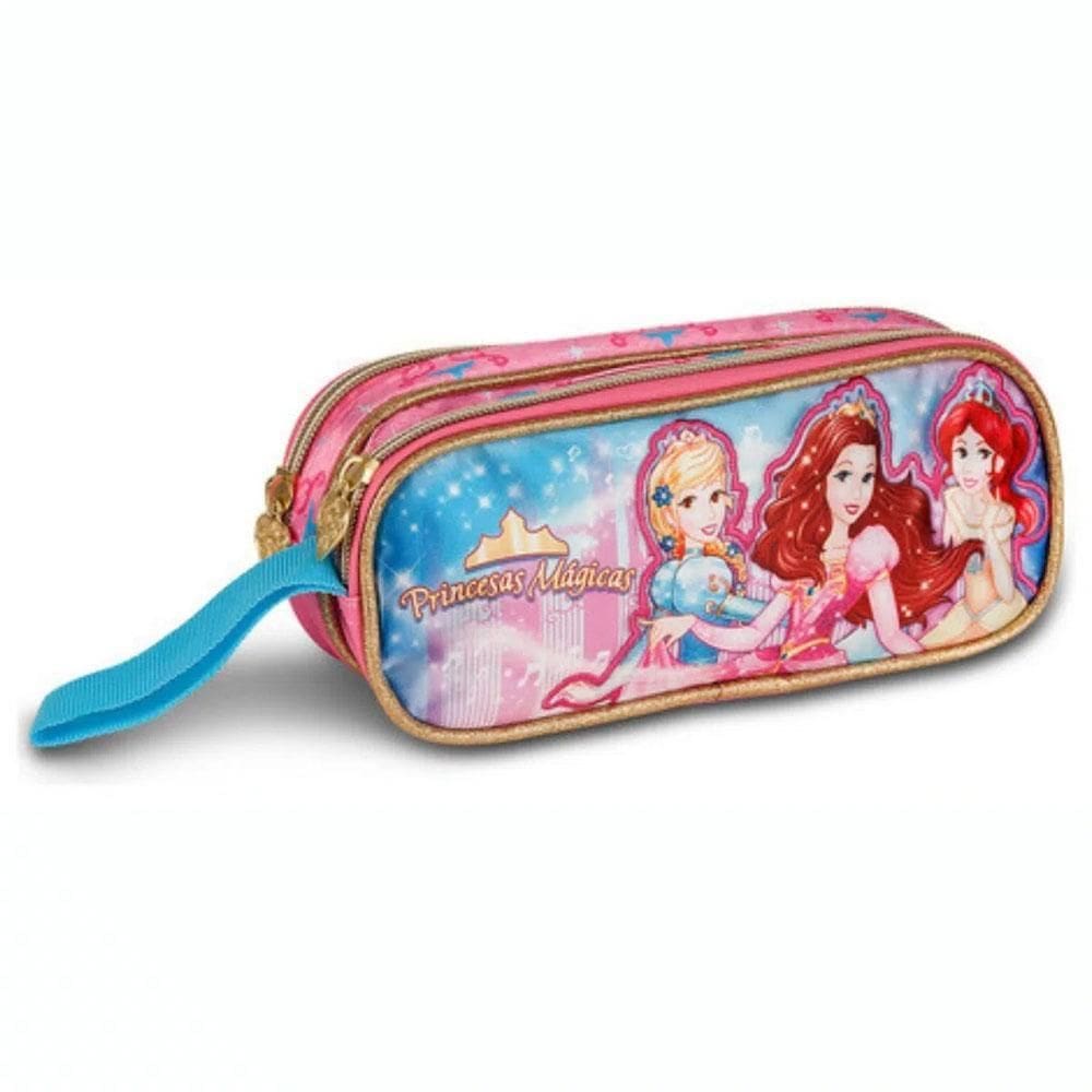 Estojo 2 Divisórias Princesas Mágicas Glitter Rosa Clio