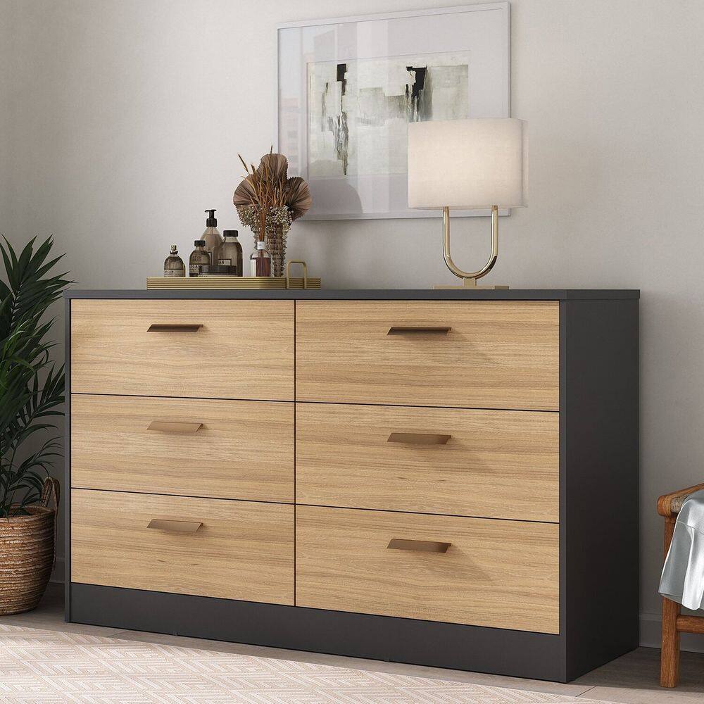 Cômoda Divino 6 Gavetas 100% Mdf Moderno Preto/Olmo