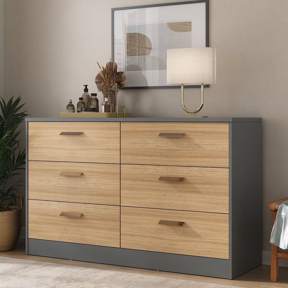Cômoda Divino 6 Gavetas 100% Mdf Moderno Cinza/Olmo