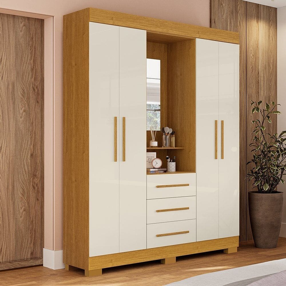 Guarda-roupa Solteiro 164,10cm 4 Portas 3 Gavetas Capelinha com Espelho 100% Mdp Gardênia Cinamomo/Off White