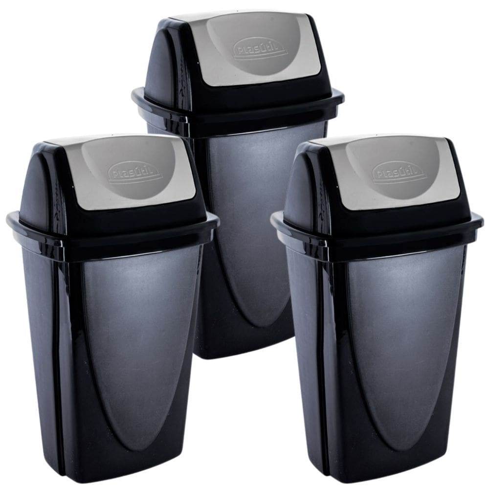 Lixeira basculante 7,2 litros preto com 3 unidades Plasutil ref.3485