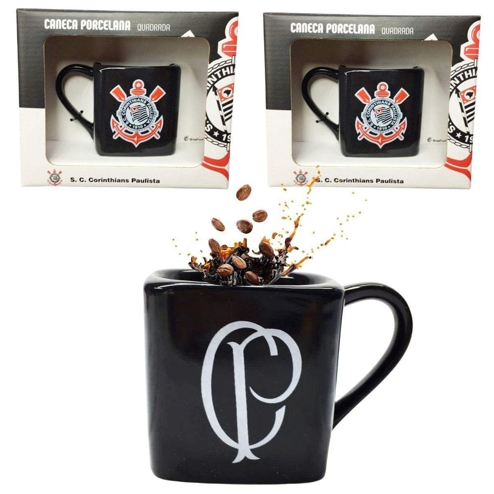 Kit 2Un Caneca Porcelana Xícara Quadrada 220Ml Café Preto