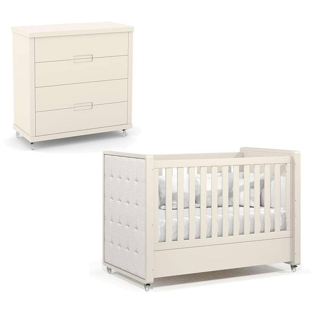 Berço Americano com Capitonê New Boucle e Cômoda Gaveteiro Infantil Tutto New Off White - Matic
