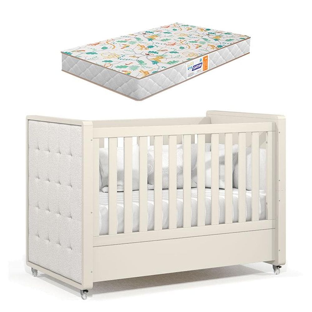 Berço Americano Tutto New Off White com Capitonê New Boucle e Colchão Gazin - Matic