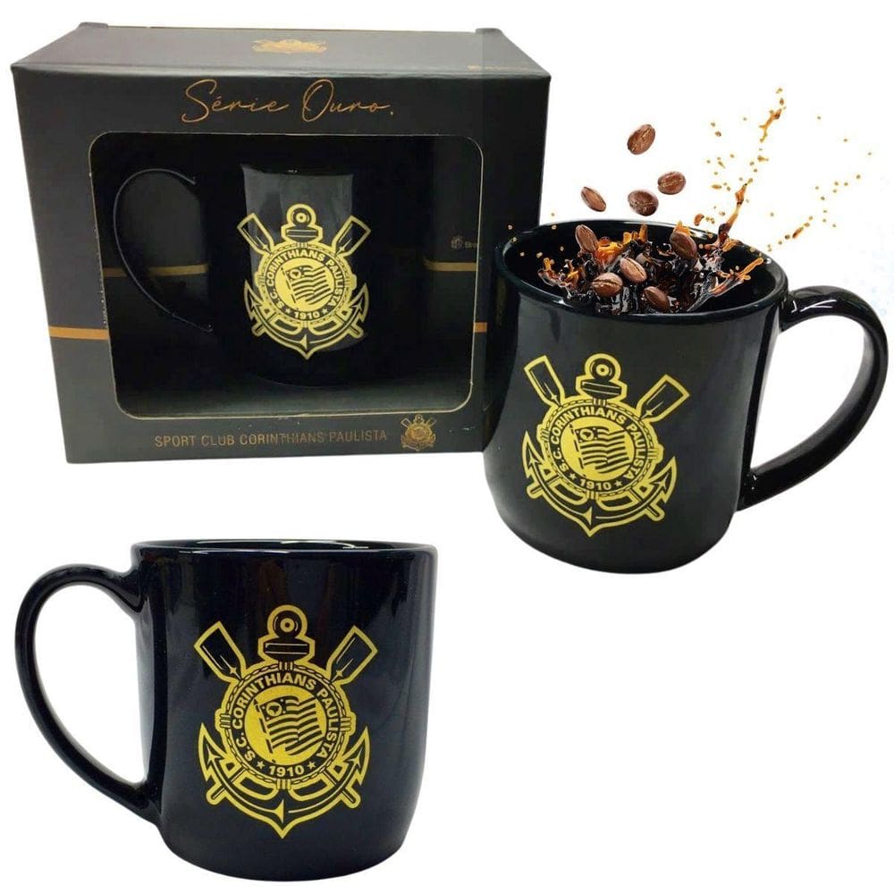 Kit 2Un Caneca Preta Xícara Porcelana 300Ml Café Time