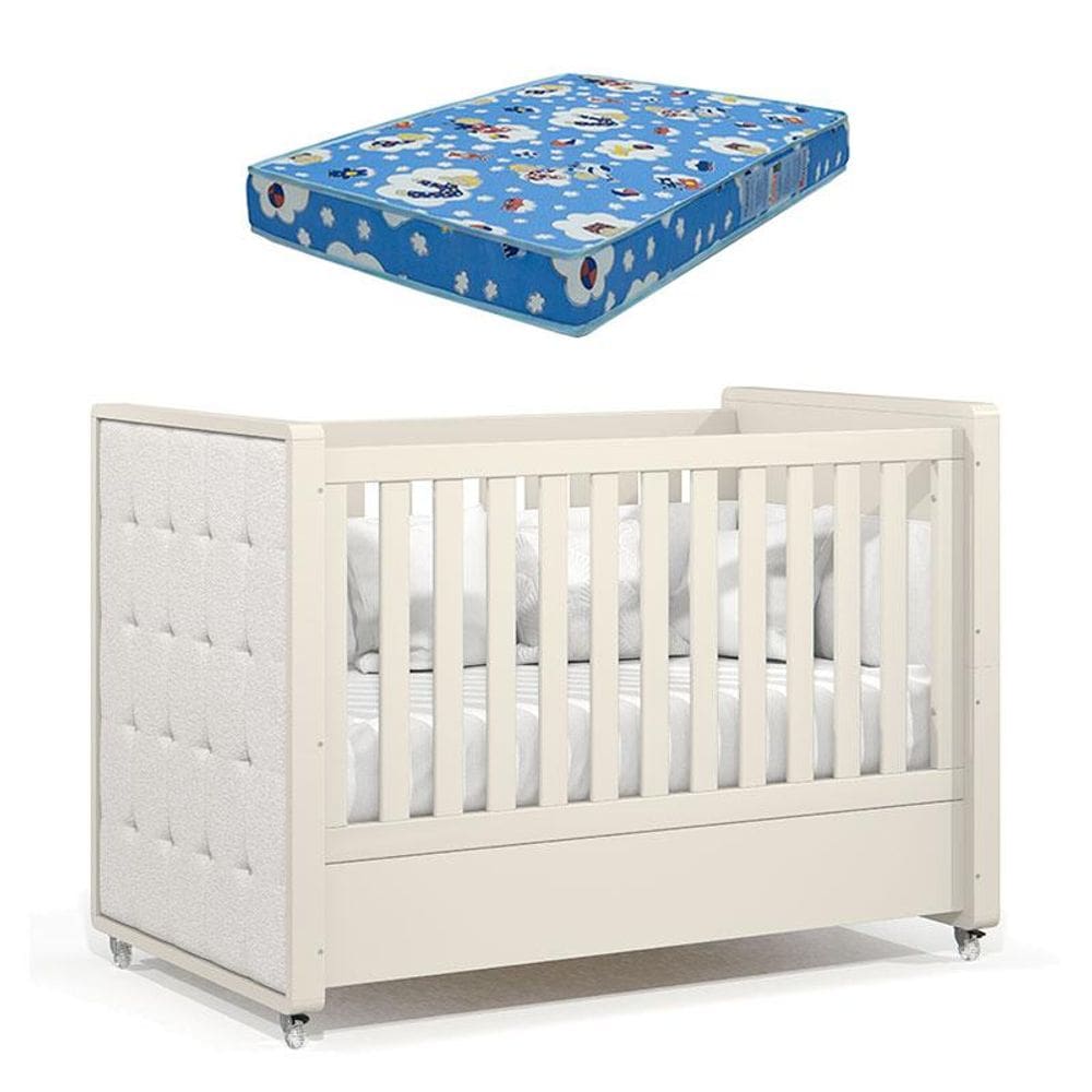 Berço Americano Tutto New Off White com Capitonê New Boucle e Colchão Ortobom - Matic