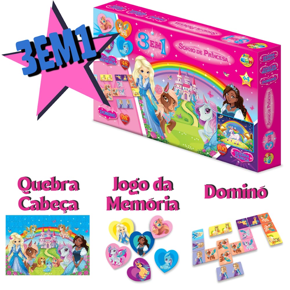 Jogos 3 em 1 Sonho de Princesa Jogo da Memória Quebra Cabeça e Dominó Para Meninas