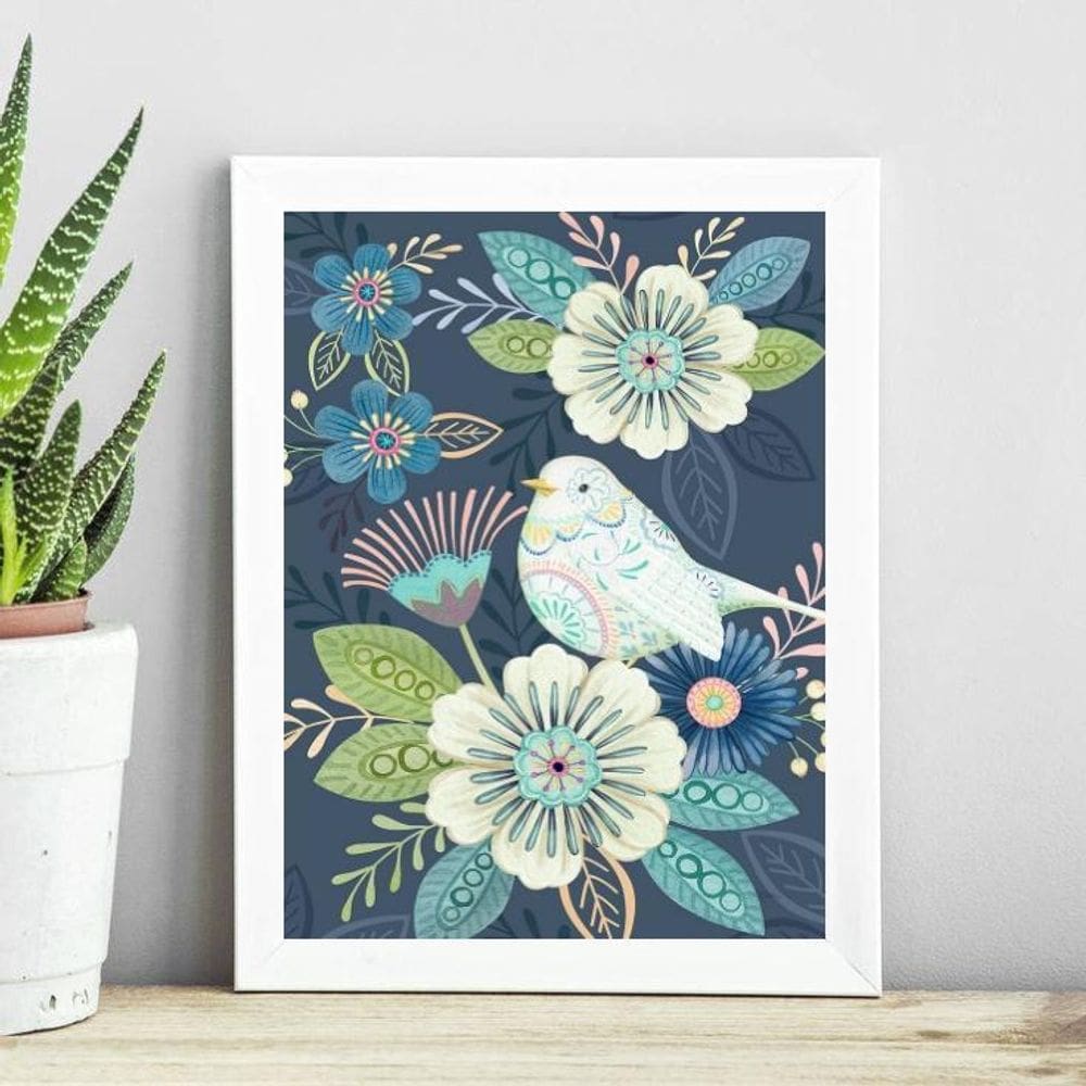 Quadro Floral Azul Com Passarinho 24X18Cm