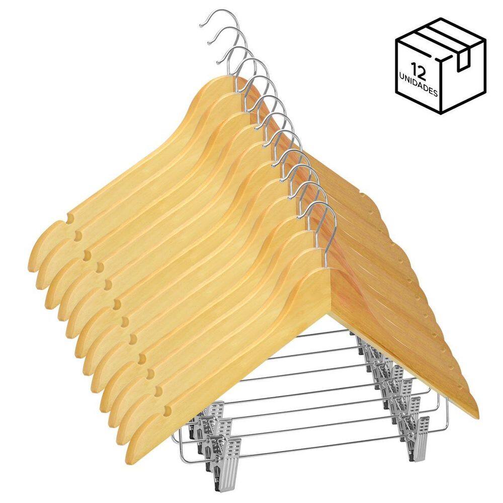Kit 12 Cabides de Madeira com Presilhas - Organização e Elegância