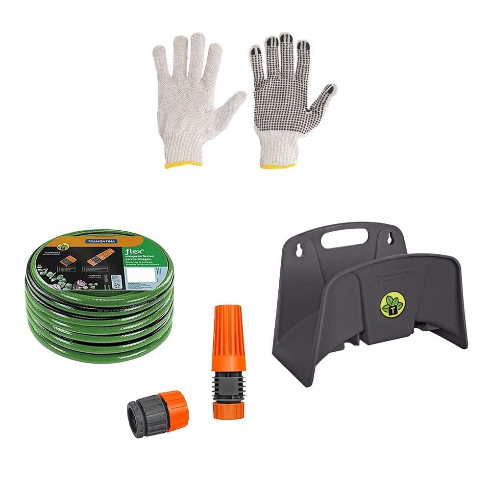 Kit Mangueira Flex para Jardim 15m Suporte Fixo para Mangueira e Luva Tramontina