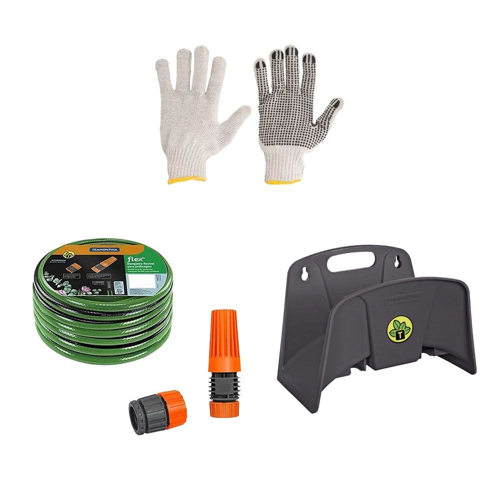 Kit Mangueira Flex para Jardim 10m e Suporte Fixo para Mangueira e Luva Tramontina