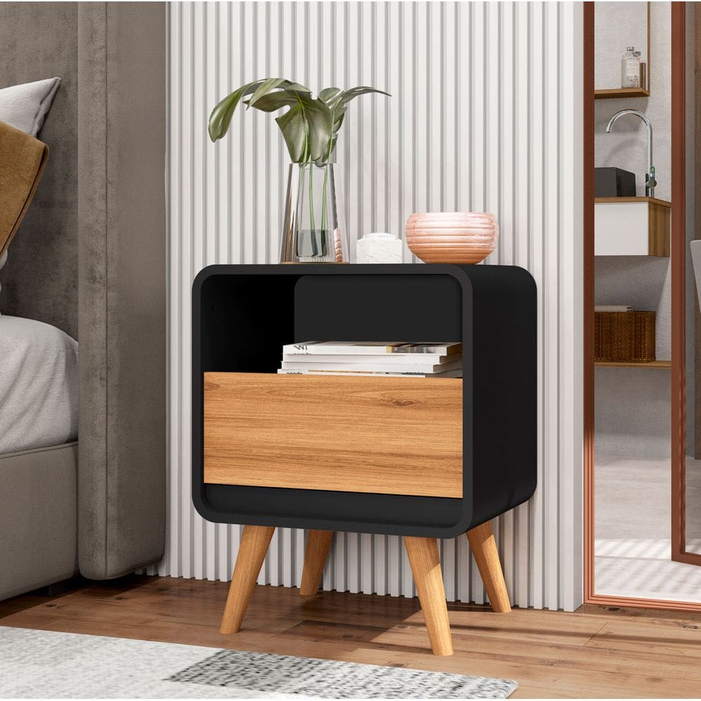 Mesa de Cabeceira Retrô Compacta 1 Gaveta 1 Nicho Channel - Potenza Móveis