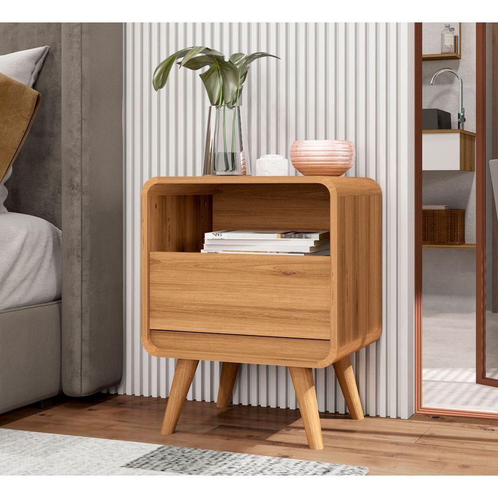 Mesa de Cabeceira Retrô Compacta 1 Gaveta 1 Nicho Channel - Potenza Móveis